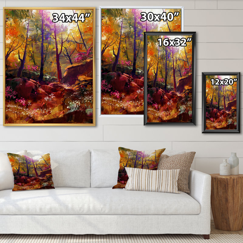 «Beautiful Autumn Forest with Sunlight», peinture sur toile, H 44 po x l 34 po, Cadre flottant doré