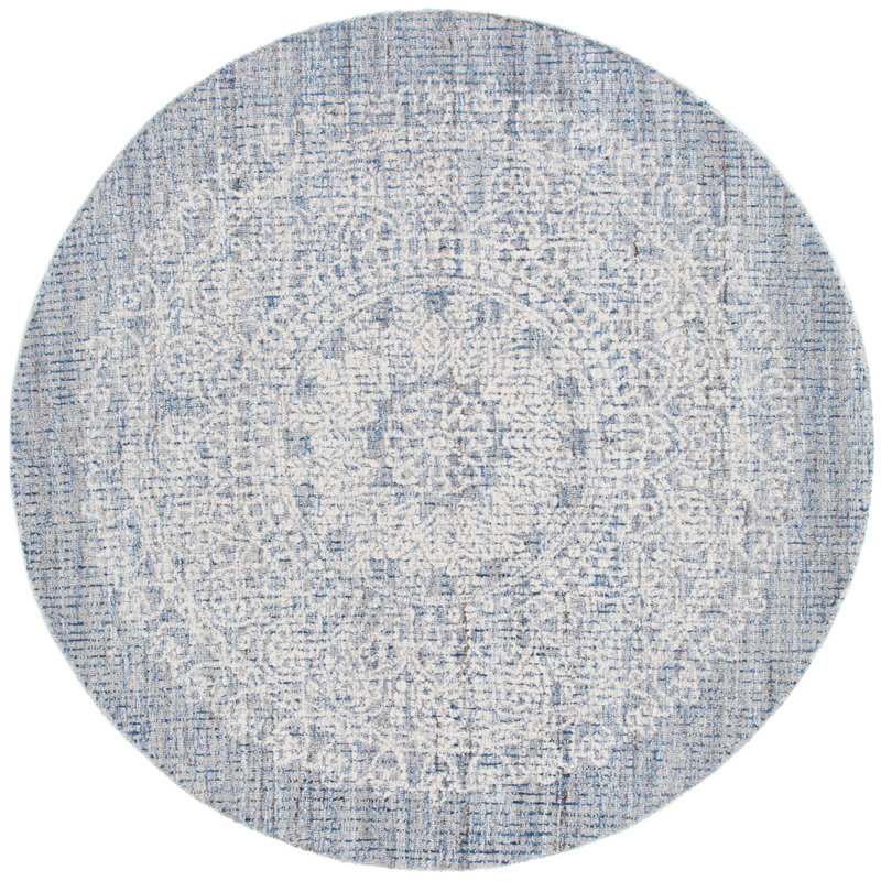Tapis ivoire / bleu en laine et coton touffetés à la main ébène, Rond 6 pi