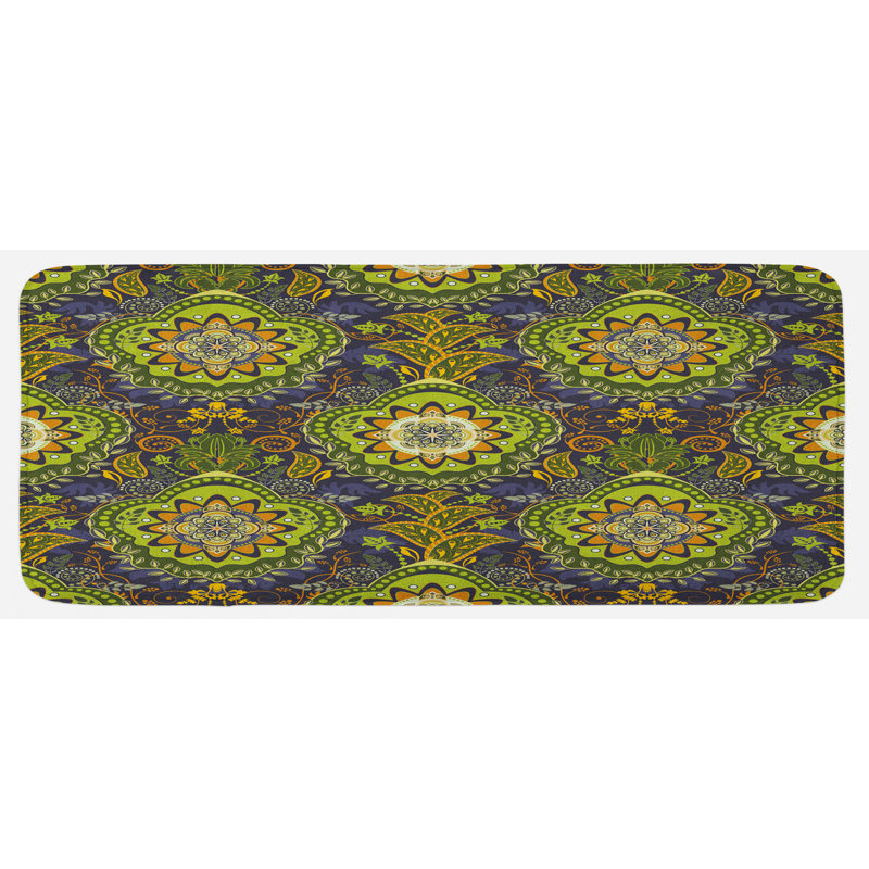 Tapis de cuisine bleu foncé vert foncé, style doodle, cercle de couleur tropical