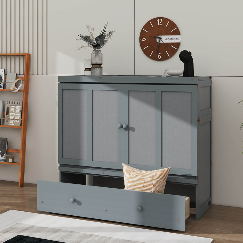 Lit escamotable spacieux avec rangement de tiroir intégré pour les essentiels, Gris, Lit double