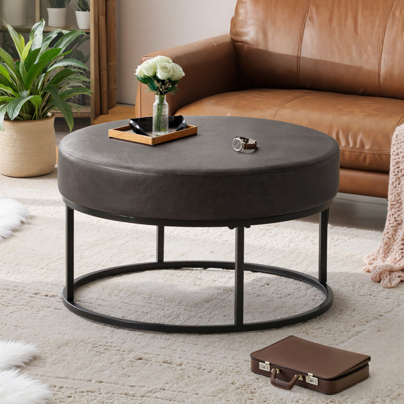 Round Cushion Ring Shaped Iron Frame Leg Footstool, Ottoman-5.9" Upholstered Coffee Table, Dark Gray