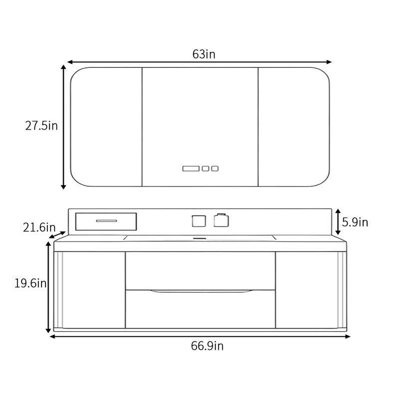 Geil, H 25,6 po x l 66,9 po x P 21,6 po