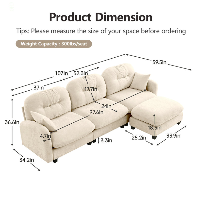 Canapé modulaire en L modulaire avec repose-pieds, tissu en chenille de qualité supérieure, conception de dossier à coussin touffeté, conception ergonomique facile à installer, convient aux chambres à coucher, aux coins lecture des salons, beige
