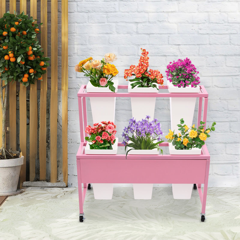 Présentoir à fleurs en métal à 2 niveaux avec seaux de 6 pièces, Rose