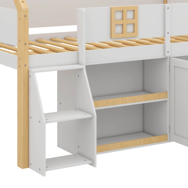 Lit mezzanine avec escabeau, étagères intégrées, armoires et éclairage DEL, Lit simple