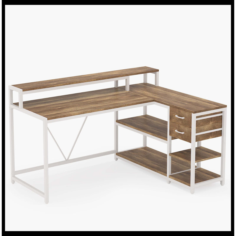 Bureau en L réversible, bureau d'angle industriel avec tiroir et tablettes