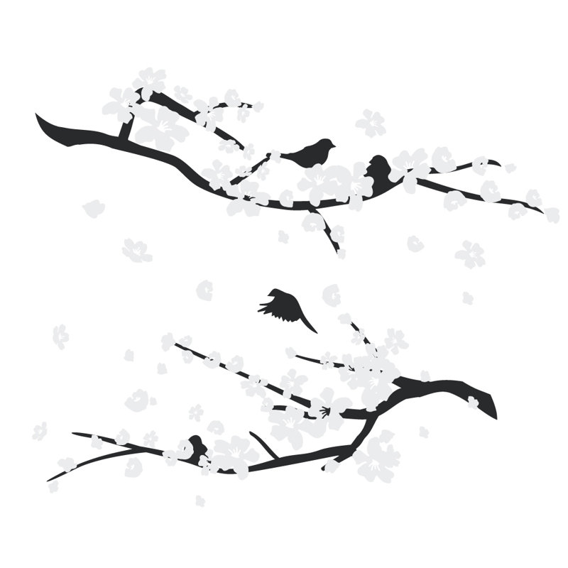 Décalcomanie murale petites fleurs de cerisier, 34" H x 41" lx 0.01" D, Noir / Argent / Or
