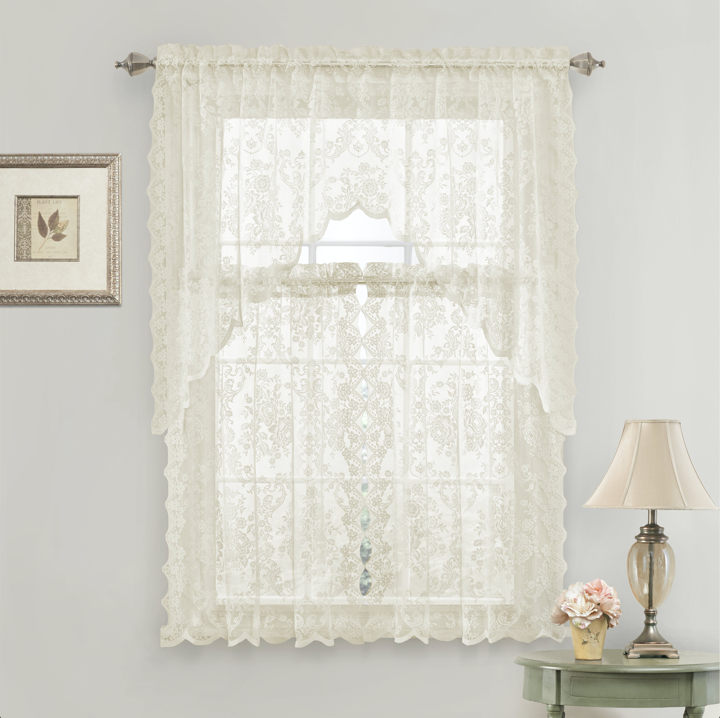 Astoria Grand Roxann Floral Lace Complete Kitchen Curtain & Reviews
