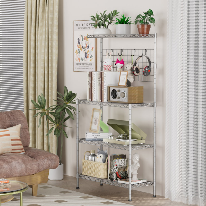 Support à micro-ondes en acier avec tablettes réglables et crochets amovibles - Organisateur de rangement de cuisine peu encombrant pour comptoir