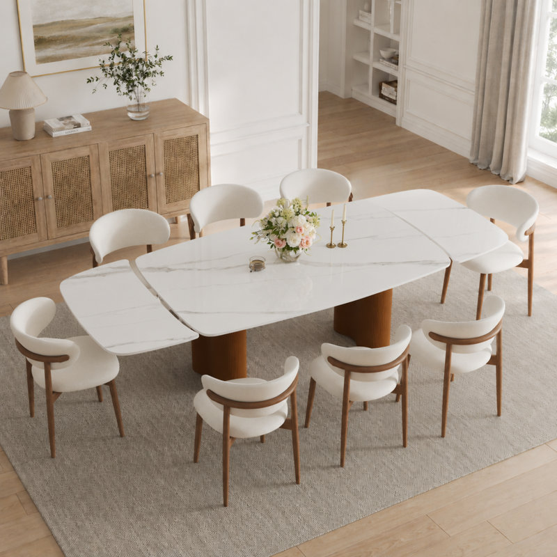 Table de salle à manger extensible en pierre frittée de 63 à 94 po, table de salle à manger à base piédestal en noyer moderne pour 6 à 8 personnes, table de salle à manger rectangulaire extensible