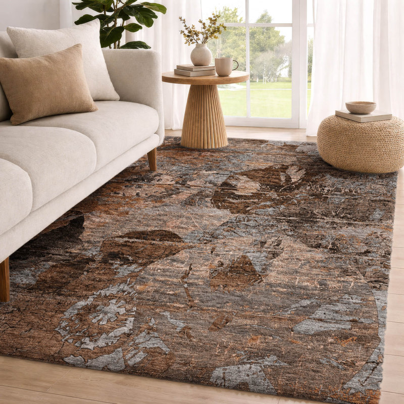 Tapis abstrait à poils longs de qualité supérieure lavable à la machine ADS555, Terra Cotta, 9 pi x 12 pi