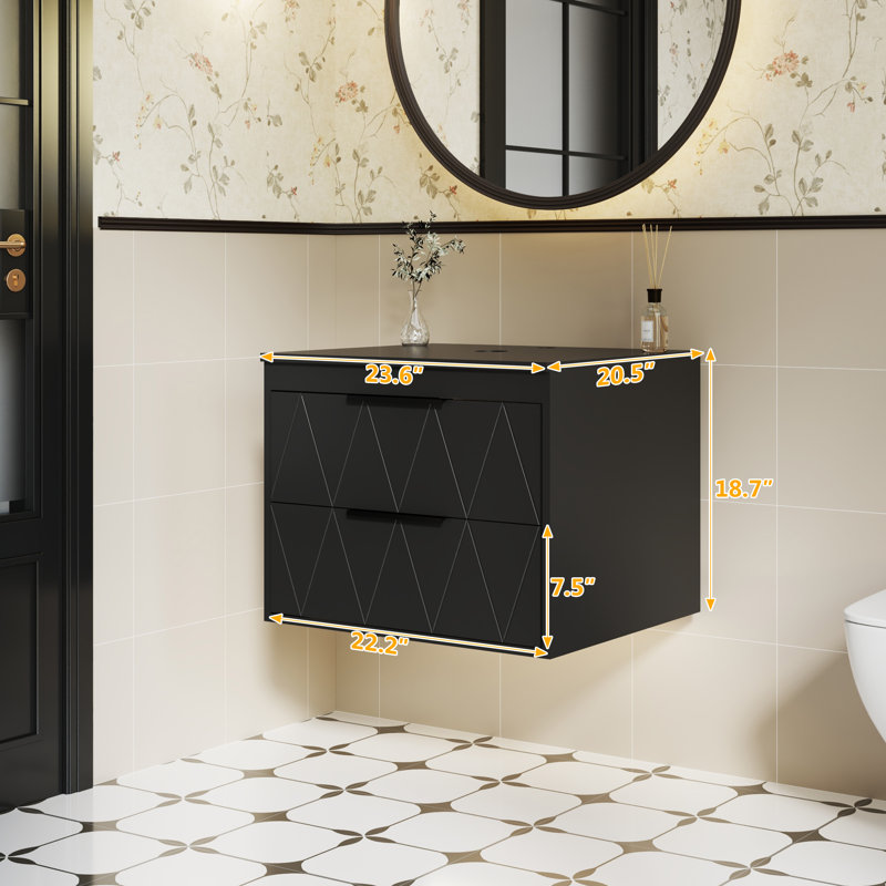 Base de meuble-lavabo simple murale moderne de 24 po Sharee seulement, lavabo vasque non inclus, Noir