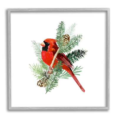 " Red Cardinal Pine Branch Minimal Bird Portrait " by Victoria Barnes Painting Print