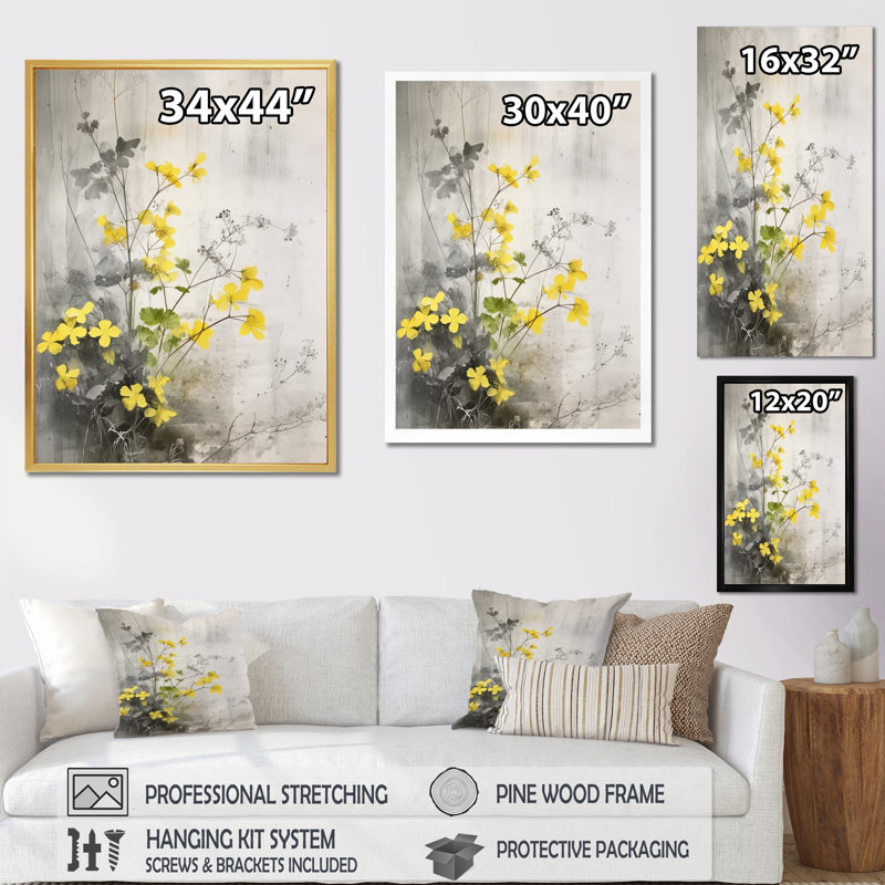 Jardin aux herbes jaune et gris, Cadre flottant noir, H 44 po x l 34 po x P 1,5 po
