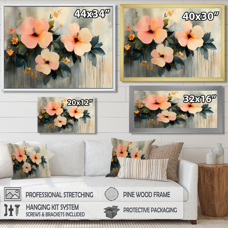 Irmuun Minimalisme, Hibiscus Spring Symphony - Hibiscus Wall Art, H 28 po x l 60 po, Impression encadrée flottante, Doré