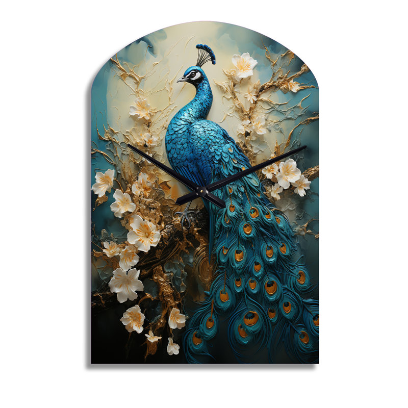 Peacock Encaustic Portrait II - horloge murale en forme d'arche de paon, horloge asymétrique bleue, Moyenne