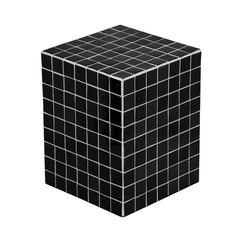Callista Modern 18" Black Ceramic Tiled Cube Side Table, Glossy Square Mosaic Pedestal Accent End Table for Living Room & Bedroom