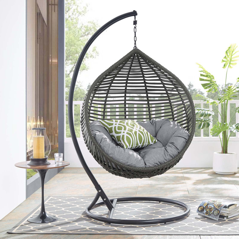 Gray Wicker Teardrop Hanging Chair with Cushions