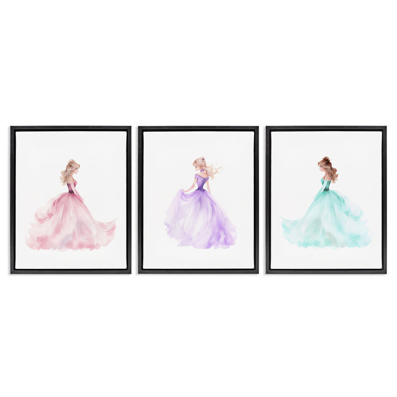 Princess Joy Gowns 3pc Floating Frame Set, design by Christine Simpson Art, Jet Black Floater Frame, 21" H x 17" W