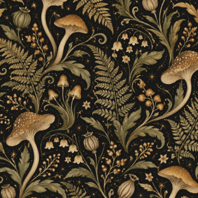 Papier peint auto-adhésif à motif de feuilles de champignon vert foncé à motif floral noir doré moderne avec contact amovible et décoratif pour armoires de cuisine de chambre à coucher 17,7 po x 118 po