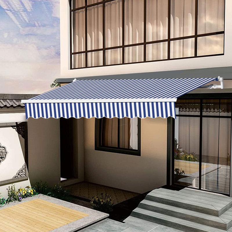 Auvent de terrasse à inclinaison manuelle, H 63,6 po x l 157,2 po x P 98,4 po, Bleu / blanc