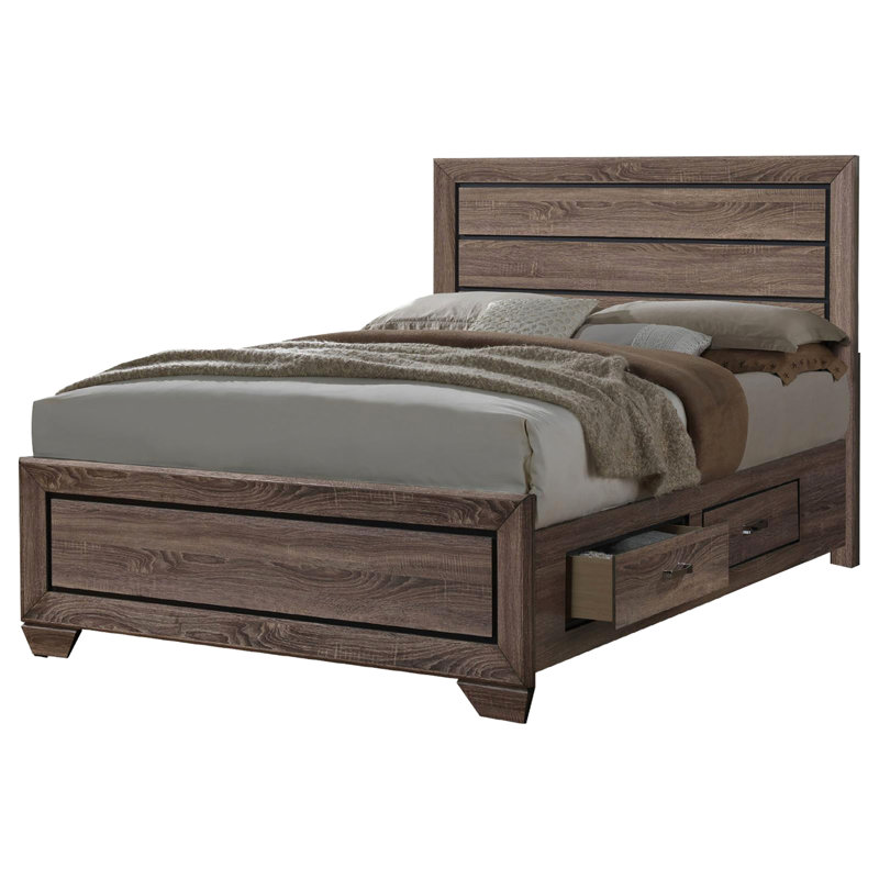 Grand lit taupe délavé avec rangement fonctionnel, rangement latéral de style transitionnel en taupe élégant,