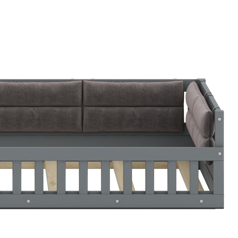 Lit plateforme tapissier en bois avec garde-corps protecteur, Gray