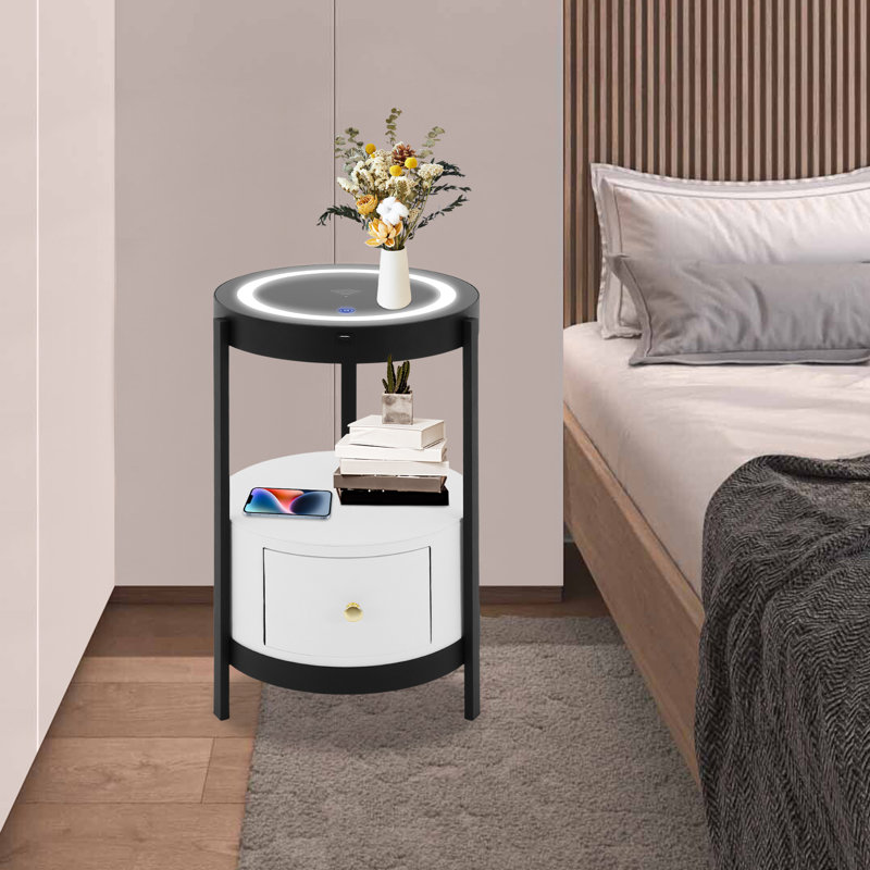 Table de bout ronde pour canapé avec port USB et station de charge sans fil 13,78 x 24,4 po (D * H), Noir / blanc