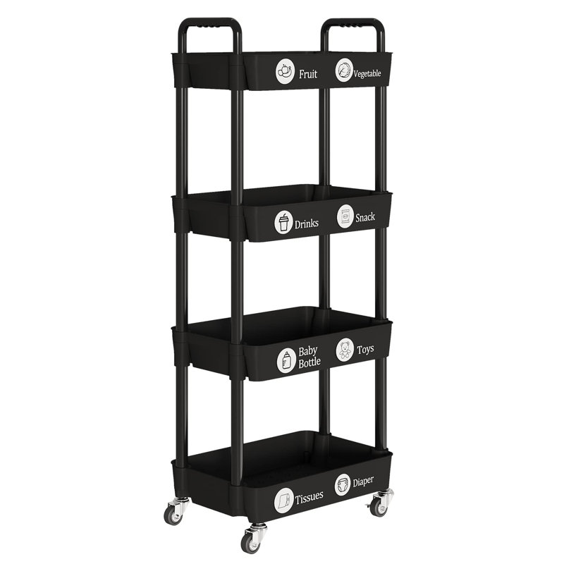 Kitchen Storage Cart,multifunction Utility Rolling Storage Organizer,mobile Shelving Unit Cart With Lockable Wheels, Black