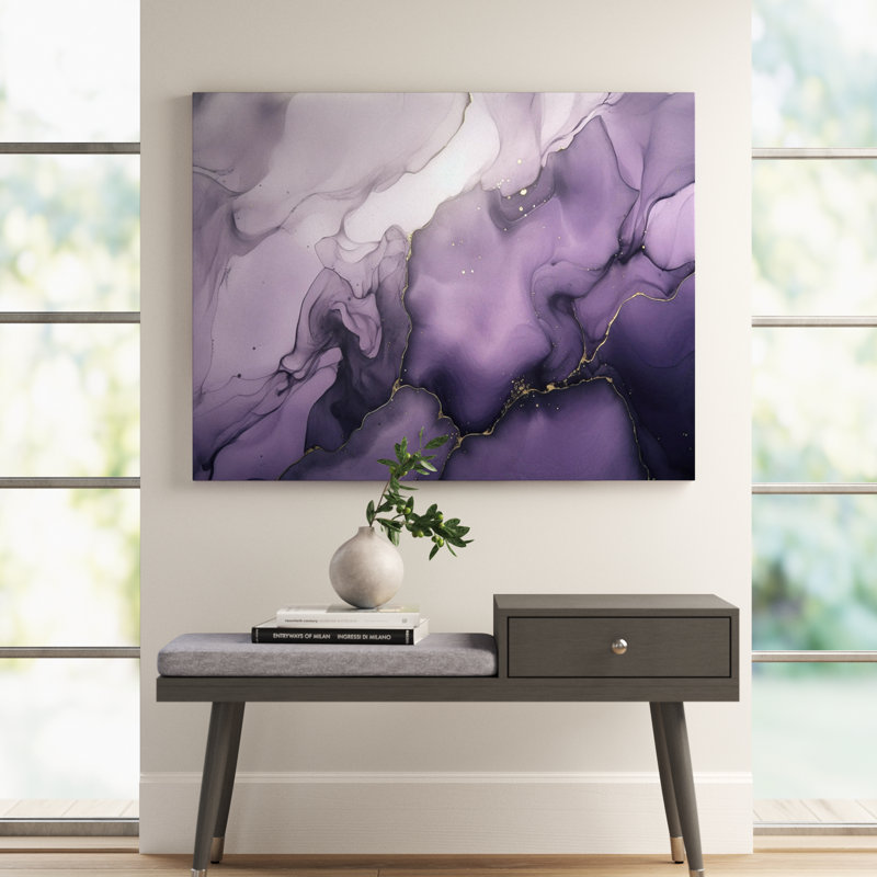 Mauve et gris, encre de marbre, nuages X, art mural fractales, Cadre flottant doré, H 30 po x l 40 po x P 1,5 po