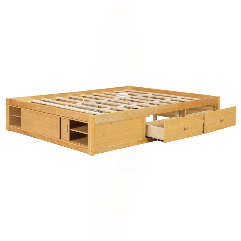 Structure de lit plateforme grand format avec 4 tiroirs de rangement et un casier de rangement au pied de lit, sans tête de lit, design moderne et peu encombrant - naturel