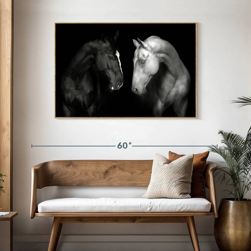 Chevaux monochromes, Cadre flottant en bois naturel, 46 po x 31 po