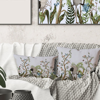 Square,Border With Cranes & Peonies In Chinoiserie Style - Traditional Printed Throw Pillow