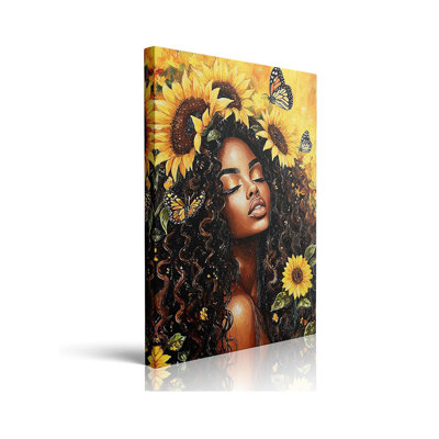 Black Girl Art Sunflower And Butterfly Floral Portrait Framed Canvas Wall Art Retro Painting Prints Wall Decor For African American Room Vintage Aesthetic Bedroom Living Room 16X24 Inches