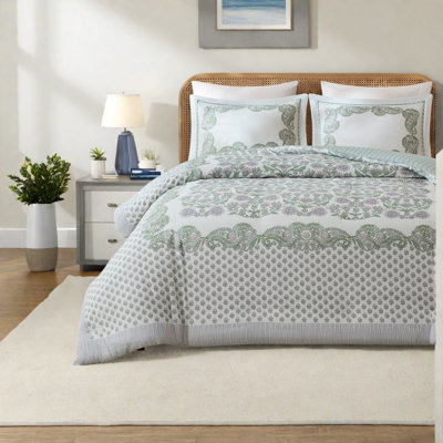 Ensemble de literie 1 pièce, housse de couette florale en polyester réversible, taille King/Cal King, sauge