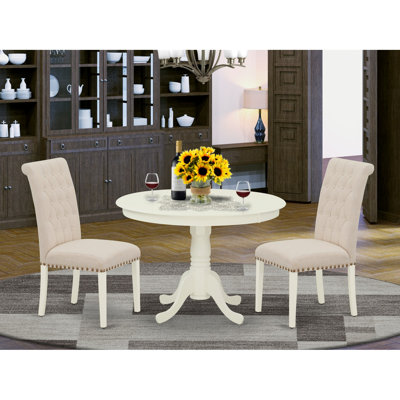 3 Piece Dining Table Set Contains a Round Dining Room Table with Pedestal and 2 Light Beige Linen Fabric Upholstered Chairs, Linen White