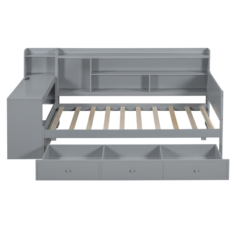 Lit de jour en bois avec 3 tiroirs, ports USB et bureau, Simple, gris