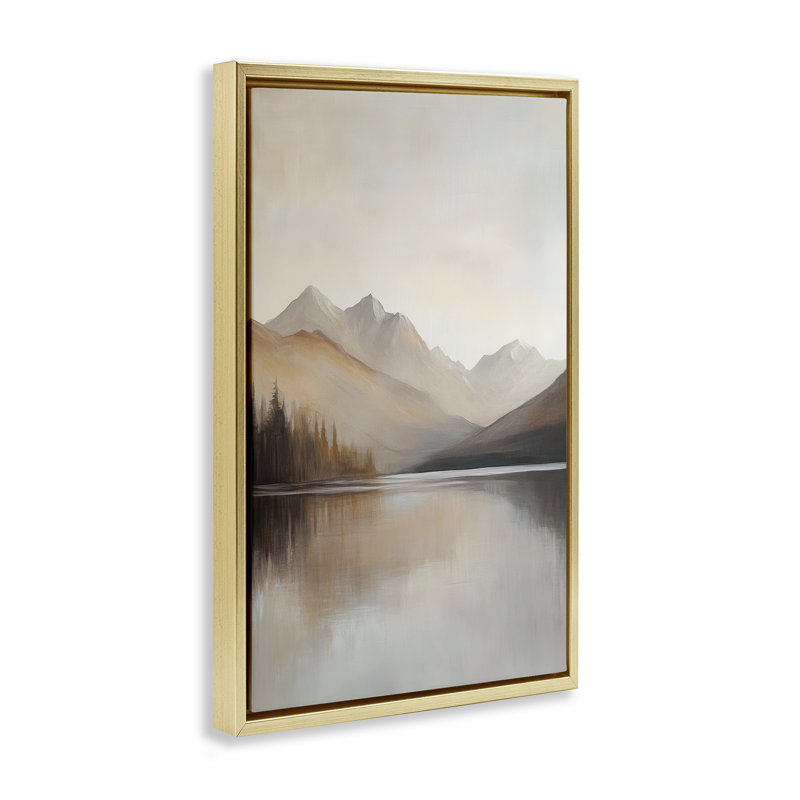 Cadre flottant Mute Lake Neutral Landscape, design par Petal Prints Design, H 31 po x l 21 po, Cadre flottant métallique doré