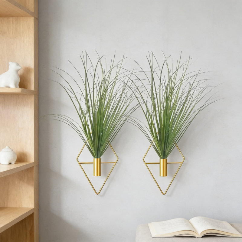 Jardinières suspendues géométriques en métal avec verdure artificielle, lot de 2 porte-vases en forme de losange pour bureau à domicile salon chambre à coucher