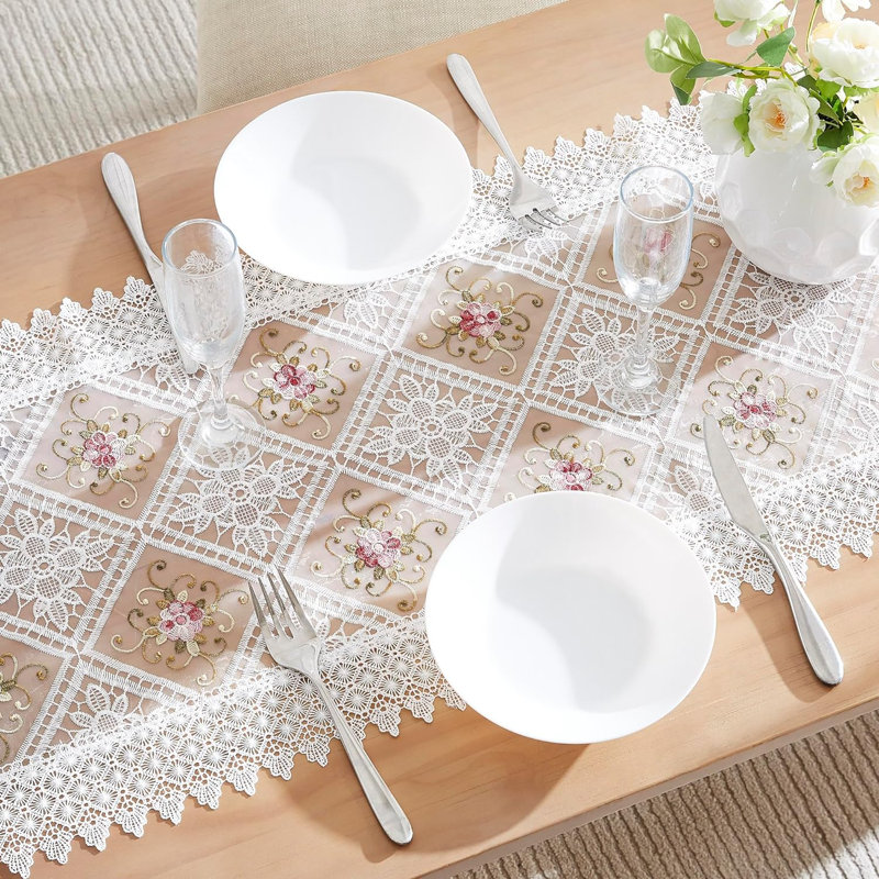 Rushad Runner Floral Lace Table Runnner, White, 16" W x 48" L
