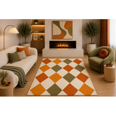 Tapis rétro ultra-léger 5 pi x 7 pi «Ultra Léger» motif géométrique Mid-Century à motif de losanges moutarde orange et crème olive pour le salon, la chambre à coucher, la salle à manger, le sous-tapis en silicone antidérapant