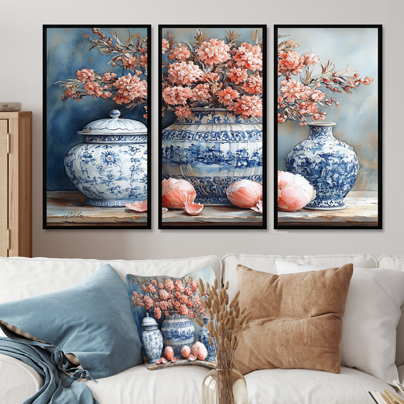 Poterie en tons de bleu et blanc IV - ensemble d'art mural Boho Pottery, H 40 po x l 60 po x P 1 po