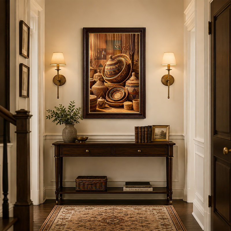 Art mural sur toile avec paniers tissés avec perles suspendues, 24"H x 16"W