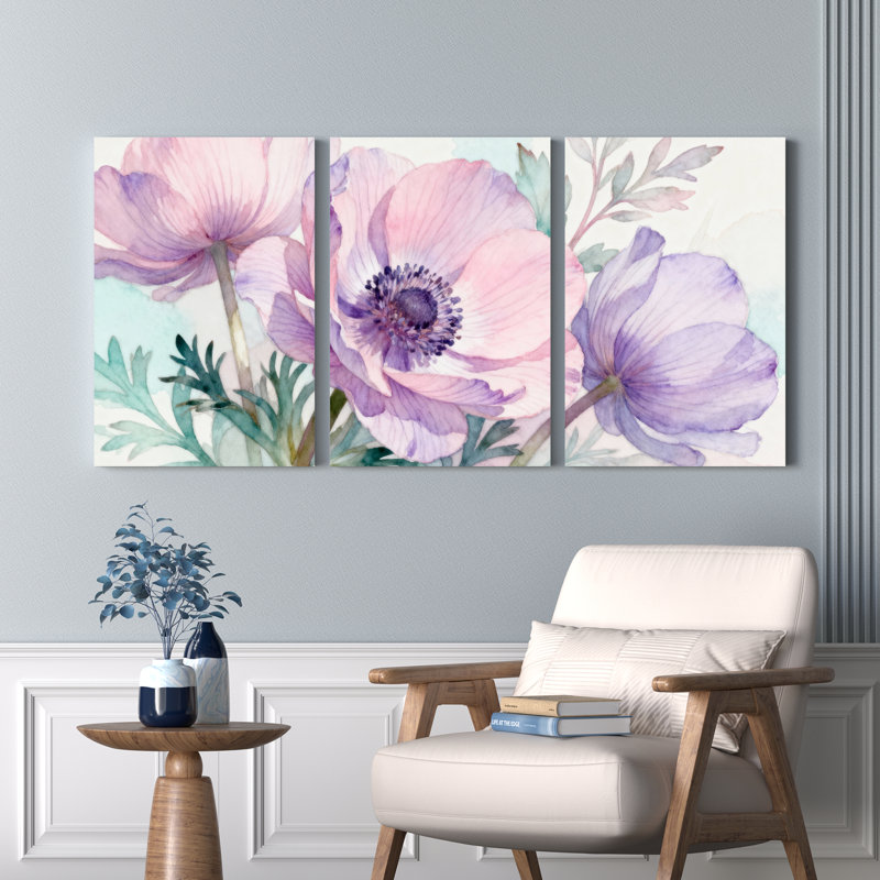 Aquarelle, fleurs d'anémone rose et mauve sur toile, impression florale (ensemble de 3), H 36 po x l 72 po