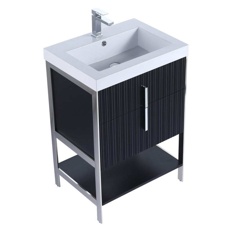  Meuble-lavabo moderne avec plateau en gel acrylique blanc Serenity, Noir mat / chrome, 24", Blanc