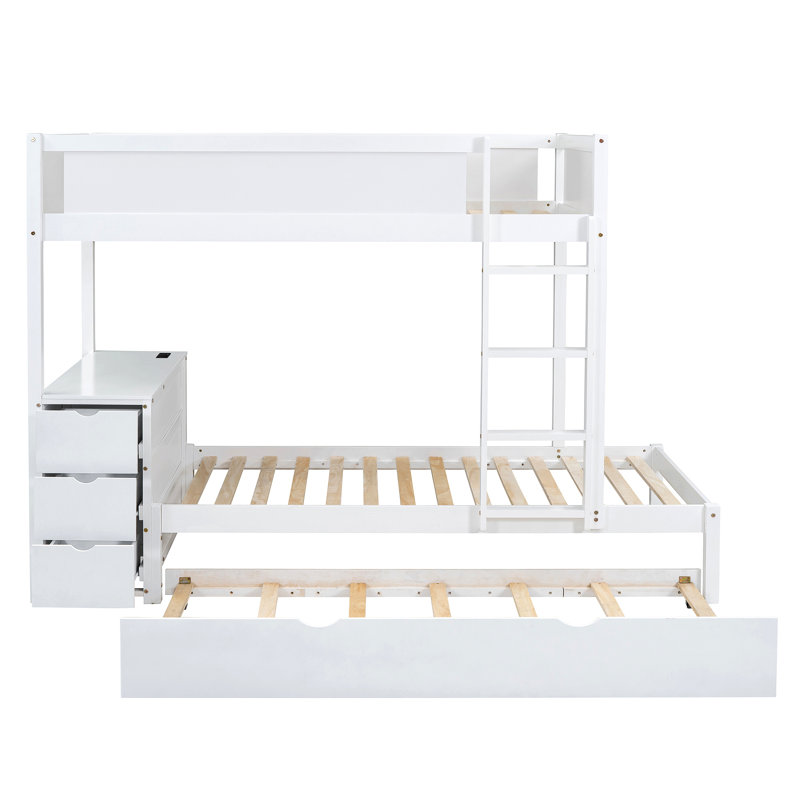 Lit superposé avec lit gigogne, rangement et bureau, Blanc, Simple sur simple