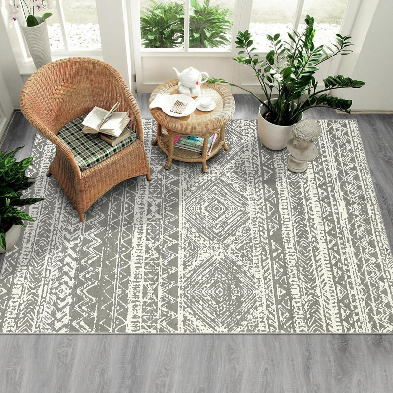Large Rugs for Bedroom 8x10 Boho Dining Room Rug, Stain-Resistant Low Pile Indoor Carpet, Distressed Geometric Floor Mats for Living Room