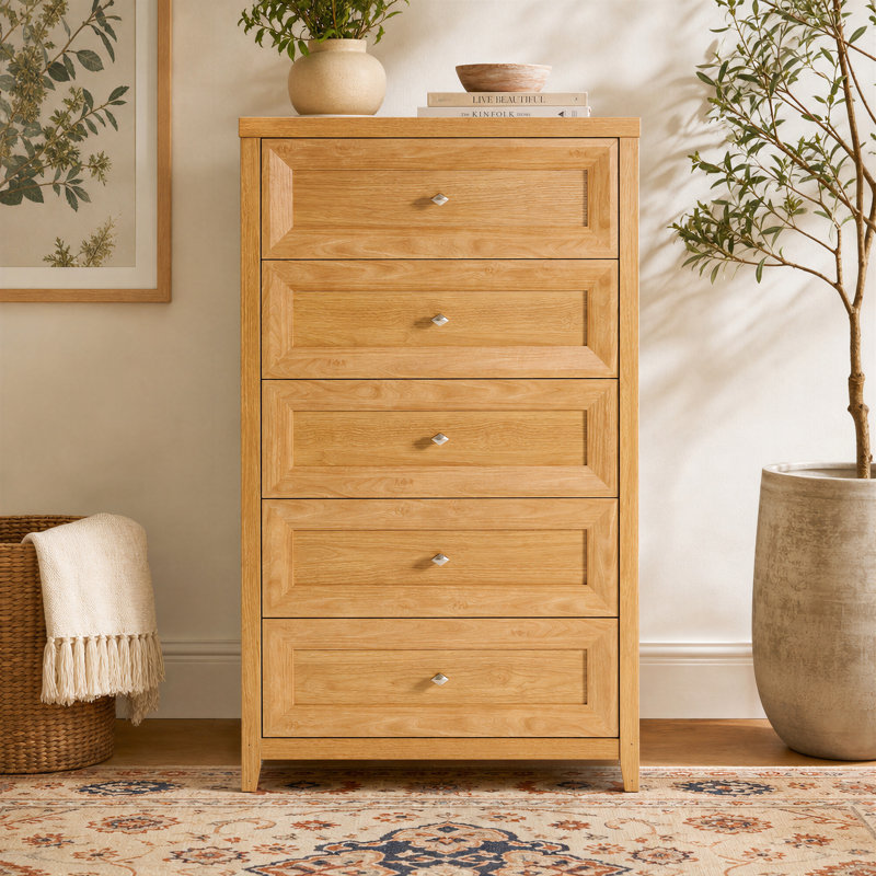 76.2cm W Farmhouse 5-Drawer Chest, Full Recessed Panel Detailing with Diamond Knobs, Honey Oak