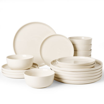 Service de table en porcelaine 18 pièces, assiettes et bols pour 6, crème
