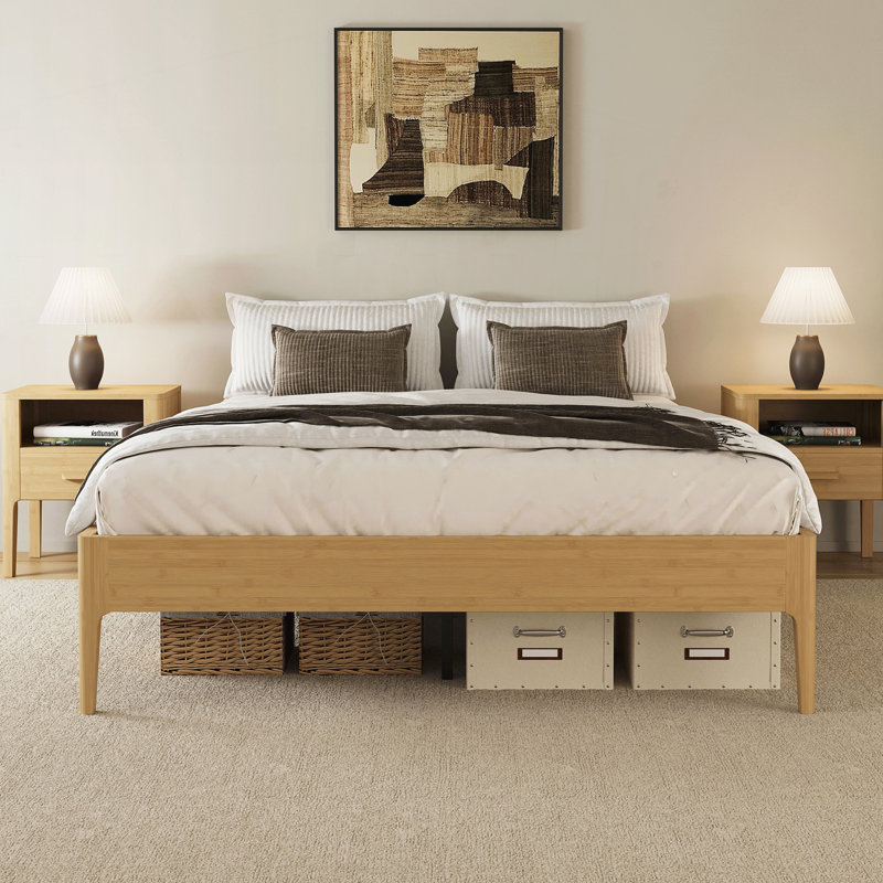 Structure de lit double en bois de bambou sec, Lit double, Naturel